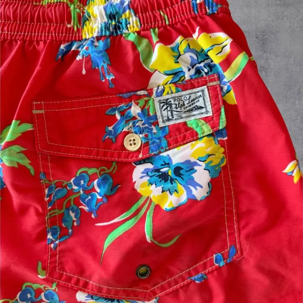 Vintage 90s Polo Ralph Lauren Swim Trunks Shorts Mens Medium M Red Floral Hawaii